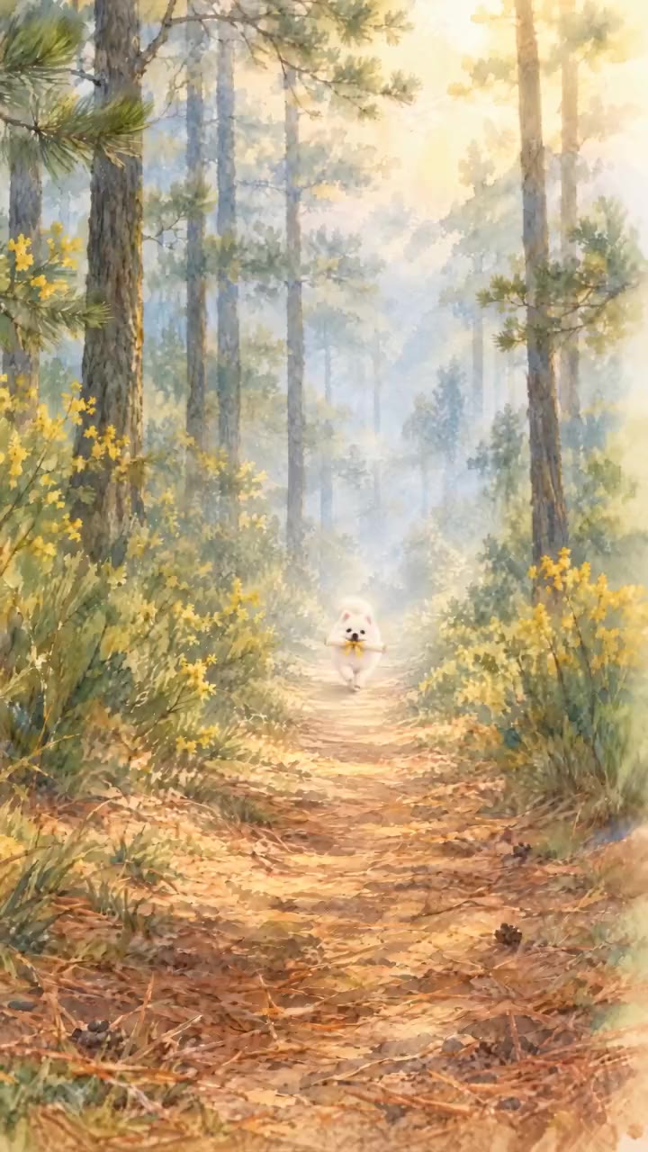 Annie, a white Pomeranian, on a misty pine forest path